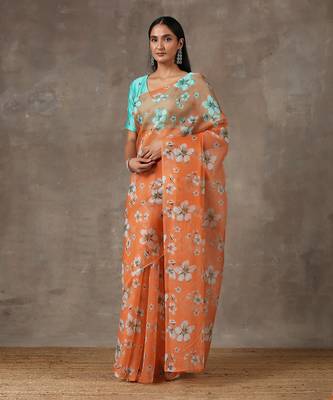 Printed Coral Saree With Teal Beaded Blouse (Set Of 2) 2