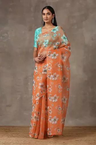 Printed Coral Saree With Teal Beaded Blouse (Set Of 2)