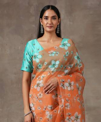 Printed Coral Saree With Teal Beaded Blouse (Set Of 2) 3