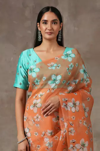 Printed Coral Saree With Teal Beaded Blouse (Set Of 2)