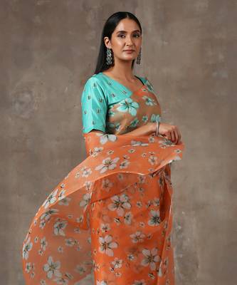 Printed Coral Saree With Teal Beaded Blouse (Set Of 2) 4