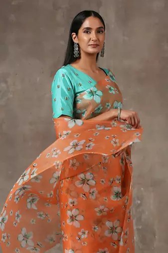 Printed Coral Saree With Teal Beaded Blouse (Set Of 2)