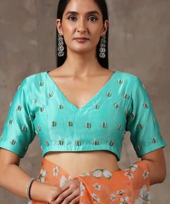 Printed Coral Saree With Teal Beaded Blouse (Set Of 2) 5