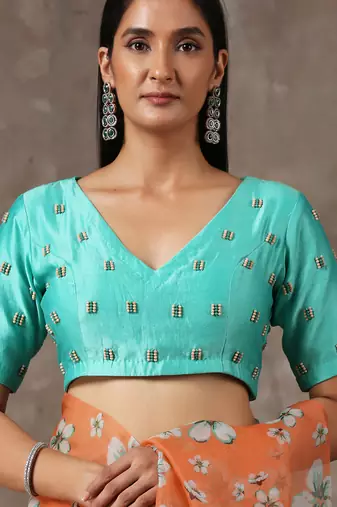 Printed Coral Saree With Teal Beaded Blouse (Set Of 2)