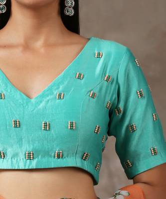 Printed Coral Saree With Teal Beaded Blouse (Set Of 2) 6