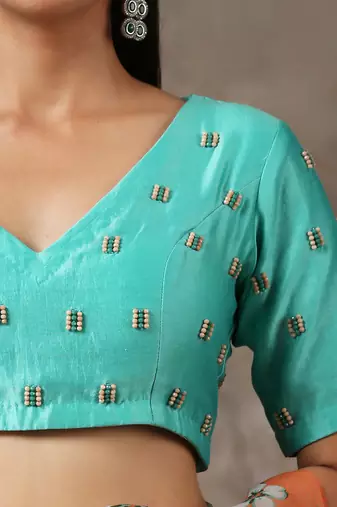 Printed Coral Saree With Teal Beaded Blouse (Set Of 2)