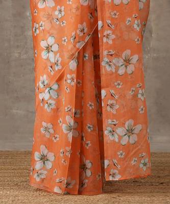 Printed Coral Saree With Teal Beaded Blouse (Set Of 2) 7