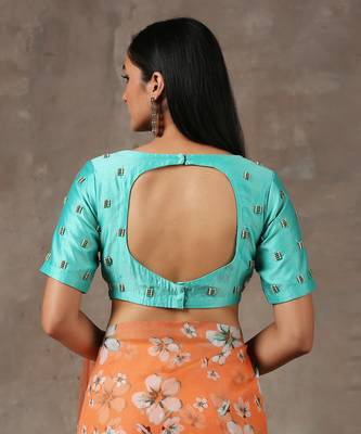 Printed Coral Saree With Teal Beaded Blouse (Set Of 2) 8