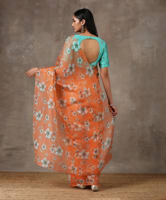 Printed Coral Saree With Teal Beaded Blouse (Set Of 2) 9
