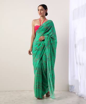 Green Crepe Saree (Set Of 2) 1