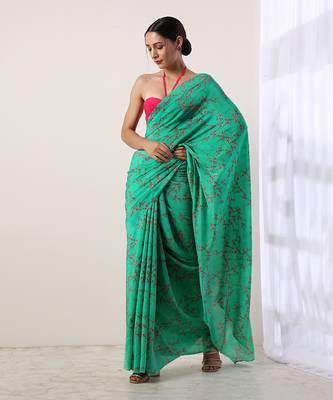 Green Crepe Saree (Set Of 2) 2