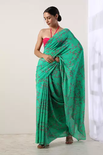 Green Crepe Saree (Set Of 2)