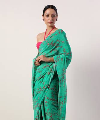 Green Crepe Saree (Set Of 2) 3