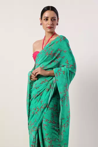Green Crepe Saree (Set Of 2)