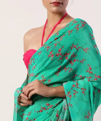 Green Crepe Saree (Set Of 2) 4