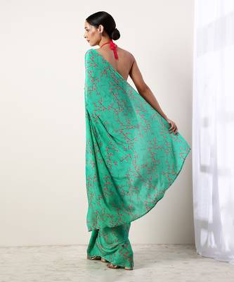 Green Crepe Saree (Set Of 2) 5