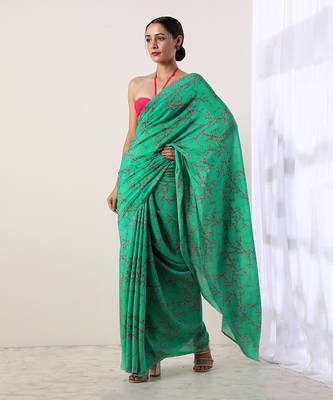 Green Crepe Saree (Set Of 2) 6