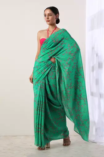 Green Crepe Saree (Set Of 2)
