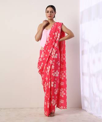 Hot Pink Crepe Saree (Set Of 2) 1