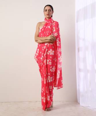 Hot Pink Crepe Saree (Set Of 2) 2