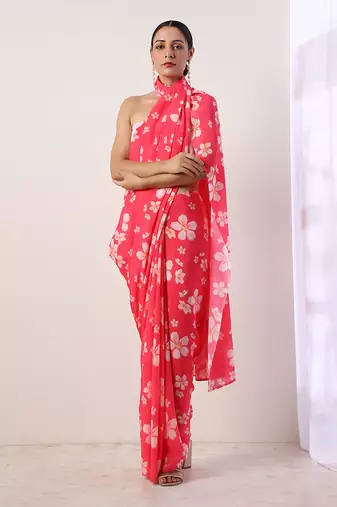 Hot Pink Crepe Saree (Set Of 2)