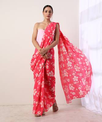 Hot Pink Crepe Saree (Set Of 2) 3