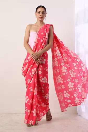Hot Pink Crepe Saree (Set Of 2)