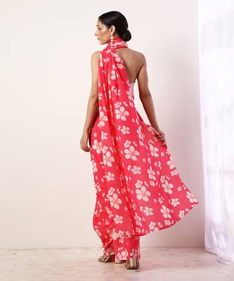 Hot Pink Crepe Saree (Set Of 2) 5