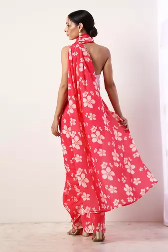 Hot Pink Crepe Saree (Set Of 2)