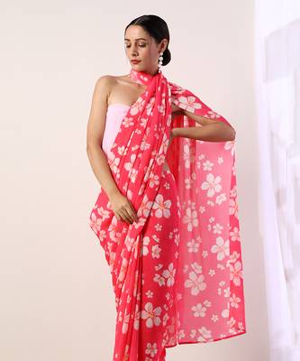 Hot Pink Crepe Saree (Set Of 2) 6