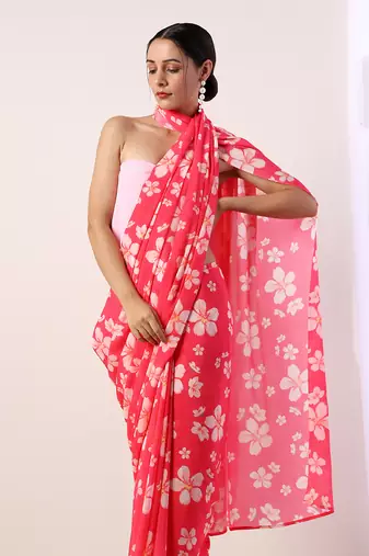 Hot Pink Crepe Saree (Set Of 2)