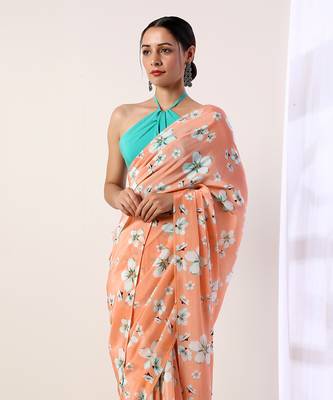 Coral Crepe Saree (Set Of 2) 3