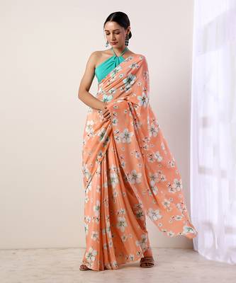 Coral Crepe Saree (Set Of 2) 4