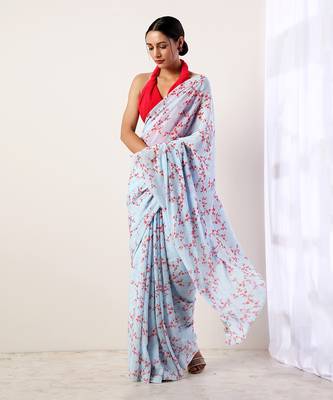 Sky Blue Crepe Saree (Set Of 2) 1