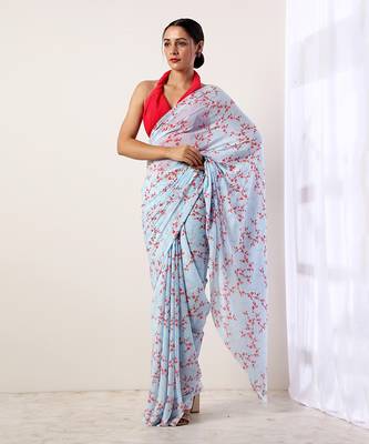 Sky Blue Crepe Saree (Set Of 2) 2