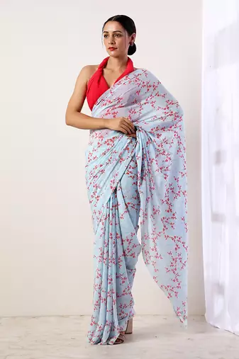 Sky Blue Crepe Saree (Set Of 2)
