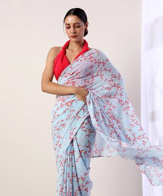 Sky Blue Crepe Saree (Set Of 2) 3