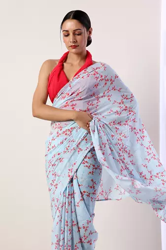 Sky Blue Crepe Saree (Set Of 2)