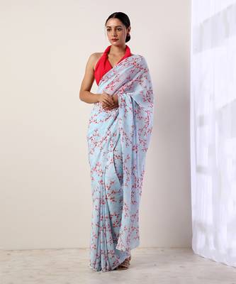 Sky Blue Crepe Saree (Set Of 2) 6
