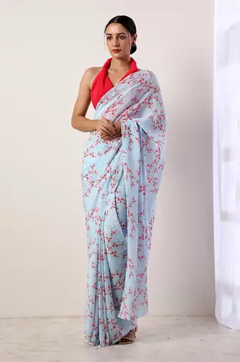 Sky Blue Crepe Saree (Set Of 2)