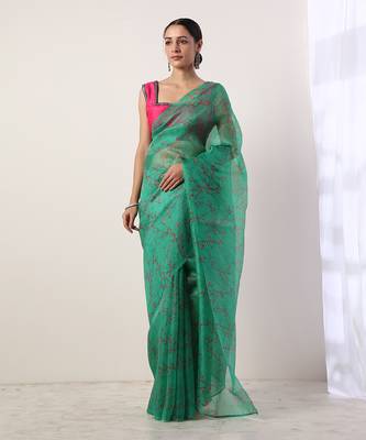 Green Printed Organza Saree (Set Of 2) 1
