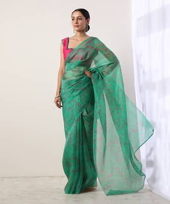 Green Printed Organza Saree (Set Of 2) 2