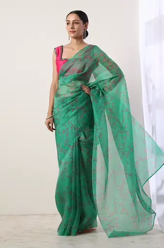 Green Printed Organza Saree (Set Of 2)