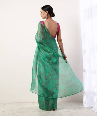 Green Printed Organza Saree (Set Of 2) 5