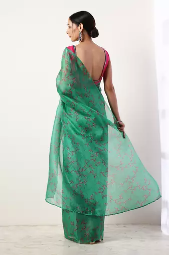 Green Printed Organza Saree (Set Of 2)