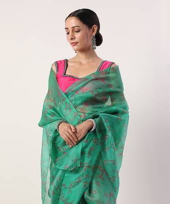 Green Printed Organza Saree (Set Of 2) 6