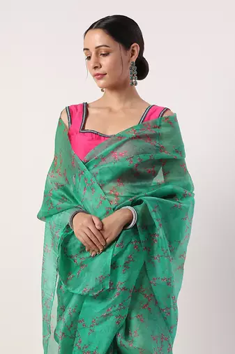 Green Printed Organza Saree (Set Of 2)