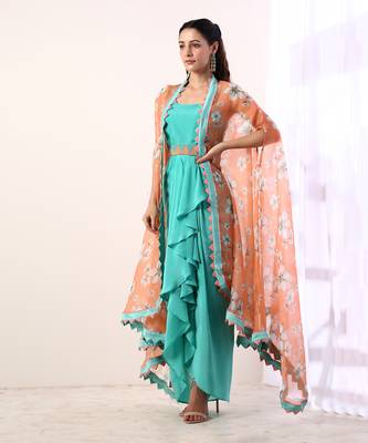 Coral Cape With Teal Draped Dress (Set Of 3) 1