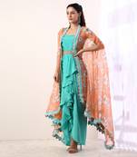 Coral Cape With Teal Draped Dress (Set Of 3)