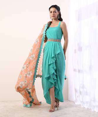 Coral Cape With Teal Draped Dress (Set Of 3) 2